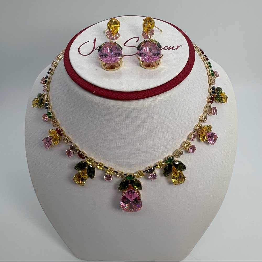 Multicolor Cubic Zirconia Rainbow Statement Bib Necklace And Earrings Set